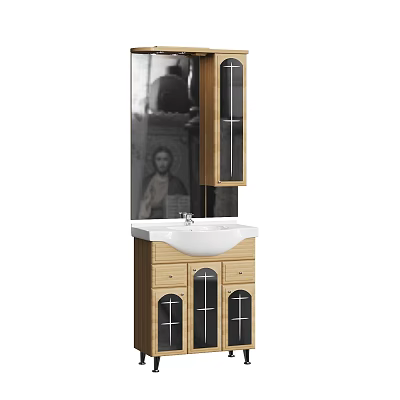 Modern Bathroom Vanity Design With Wooden Cabinets White Countertop And Mirror 3d model