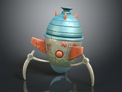 Cartoon Mechanical Robot Model With Blue Dome Orange Spikes Red Button Letter M Gray Legs 3d model