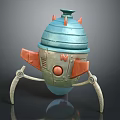 Cartoon Mechanical Robot Model With Blue Dome Orange Spikes Red Button Letter M Gray Legs
