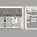 Dark Gray and Patterned Roller Blinds for White Framed Windows with Glass Panes 3d model