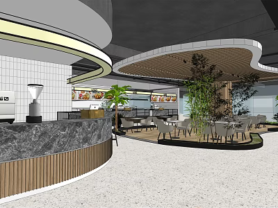 Modern Restaurant Interior With Curved Ceiling Marble Counter Dining Tables And Green Plants 3d model