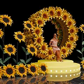 Floral Installation With Circular Sunflower Arrangement Platform And Woman In Pink Dress On Black Background