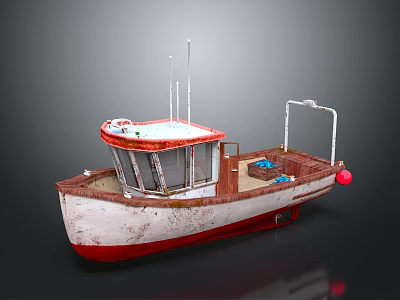 Small Red and White Vintage Water Transport Boat With Cabin Deck and Rustic Rusty Design 3d model