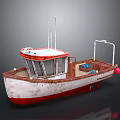 Small Red and White Vintage Water Transport Boat With Cabin Deck and Rustic Rusty Design
