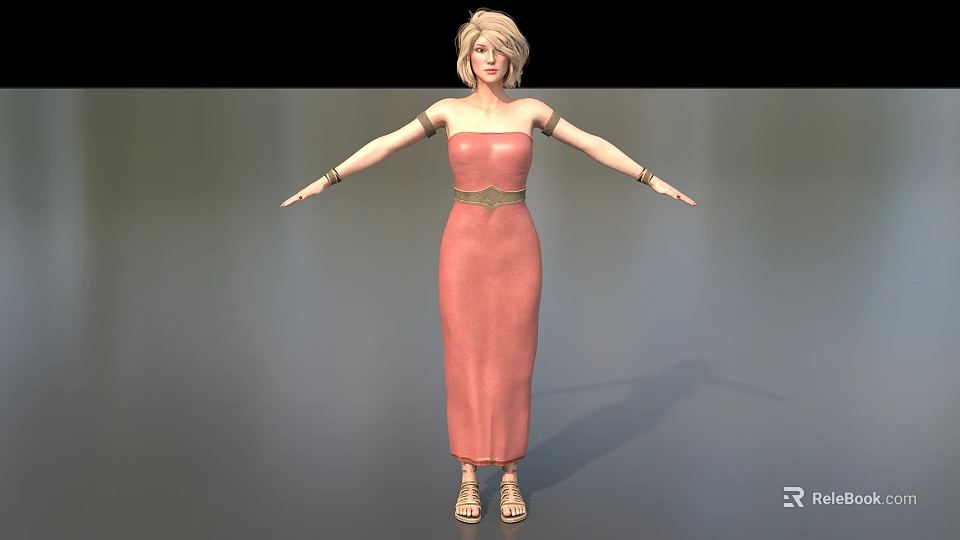 3D Model Woman In Pink Strapless Dress With Gold Belt Sandals Arms Outstretched 3d model 