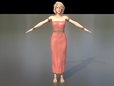 3D Model Woman In Pink Strapless Dress With Gold Belt Sandals Arms Outstretched 3d model
