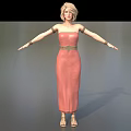 3D Model Woman In Pink Strapless Dress With Gold Belt Sandals Arms Outstretched