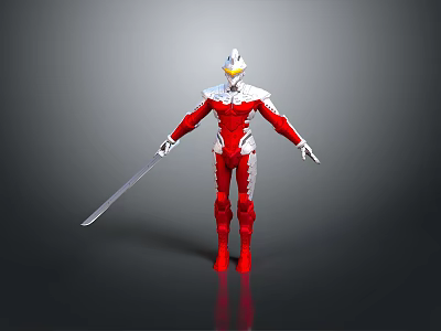 3D Character In Red White Suit With Silver Helmet And Long Sword On Gray Floor 3d model