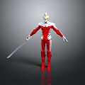 3D Character In Red White Suit With Silver Helmet And Long Sword On Gray Floor