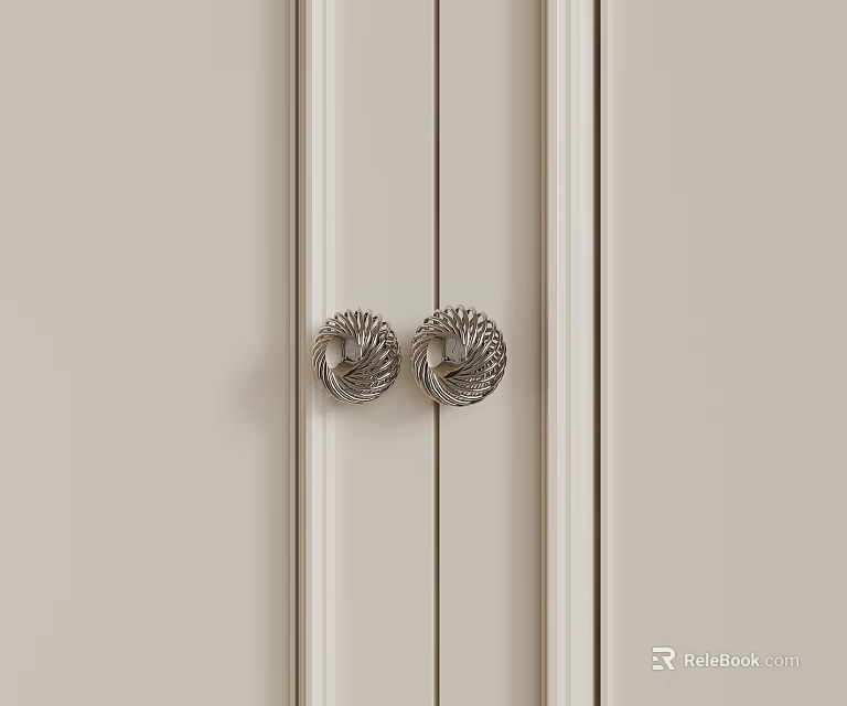 Elegant Silver Spiral Pattern Door Handles On Light Colored Wooden Panel 3d model 