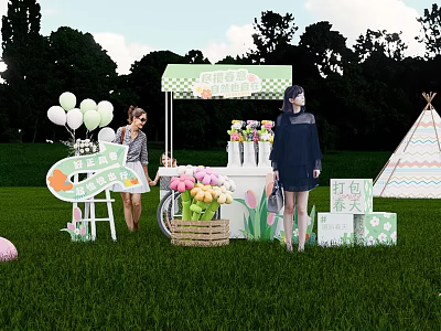 Charming Outdoor Check-in Photo Spot On Grassland With Stall Balloons Flower Bouquets And Teepee 3d model
