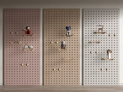 Colorful Three Tone Pegboard Wall Decor with Small Dolls and Wooden Shelves 3d model