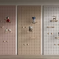 Colorful Three Tone Pegboard Wall Decor with Small Dolls and Wooden Shelves
