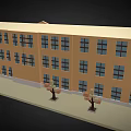 Cartoon style Orange Building With Trees Lawns And Scattered Fallen Leaves In Courtyard