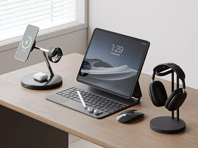 Modern Tablet Setup with Keyboard Mouse Headphones and Phone Stand on Wooden Desk 3d model