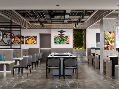 Modern Restaurant Interior With Dining Tables Chairs Wall Paintings And Green Plant Wall 3d model