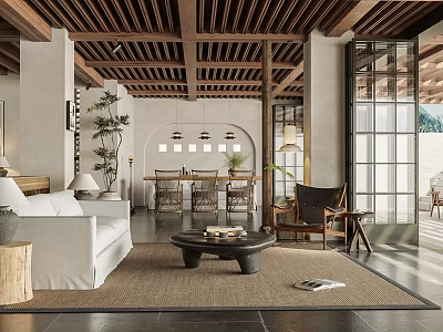 Modern Hotel Room Interior With Wooden Ceiling Sofa And Coffee Table 3d model