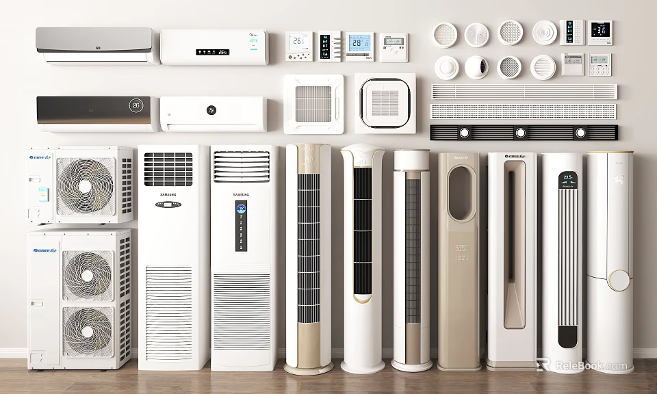 Modern Air Conditioner Vents Featuring Wall Mounted Floor Standing And Various Grille Designs 3d model 