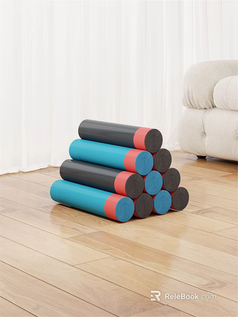 Stacked Blue Black And Red Exercise Mats On Wooden Floor In Living Room 3d model 