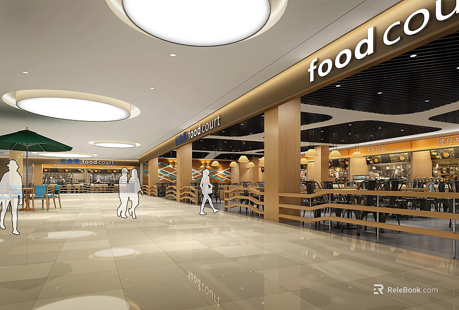 Food Co Modern Dining Area With Wooden Structures Round Ceiling Lights And Light Tiled Floors 3d model 