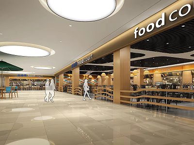 Food Co Modern Dining Area With Wooden Structures Round Ceiling Lights And Light Tiled Floors 3d model
