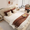 Modern Double Bed Interior With Beige Upholstered Frame Pillows Throw Blanket And Plant