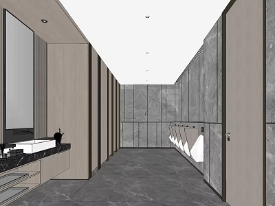 Modern Public Bathroom Interior Design Featuring Gray Stone Walls Stalls Sink Mirror And Cabinetry 3d model