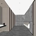 Modern Public Bathroom Interior Design Featuring Gray Stone Walls Stalls Sink Mirror And Cabinetry