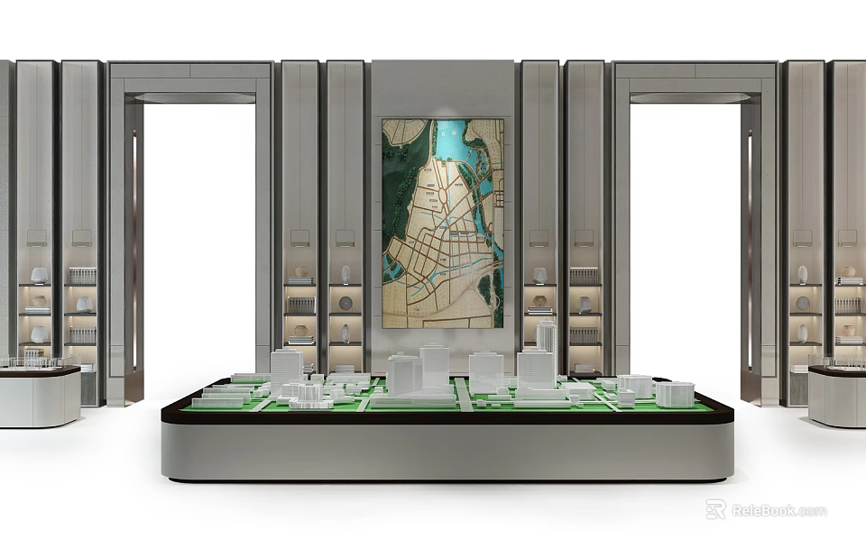Commercial Equipment Display Model Featuring Map and Building Structures on Platform 3d model 