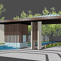 Modern Entrance Gate Design With Canopy Wooden Slats Water Pool And Trees