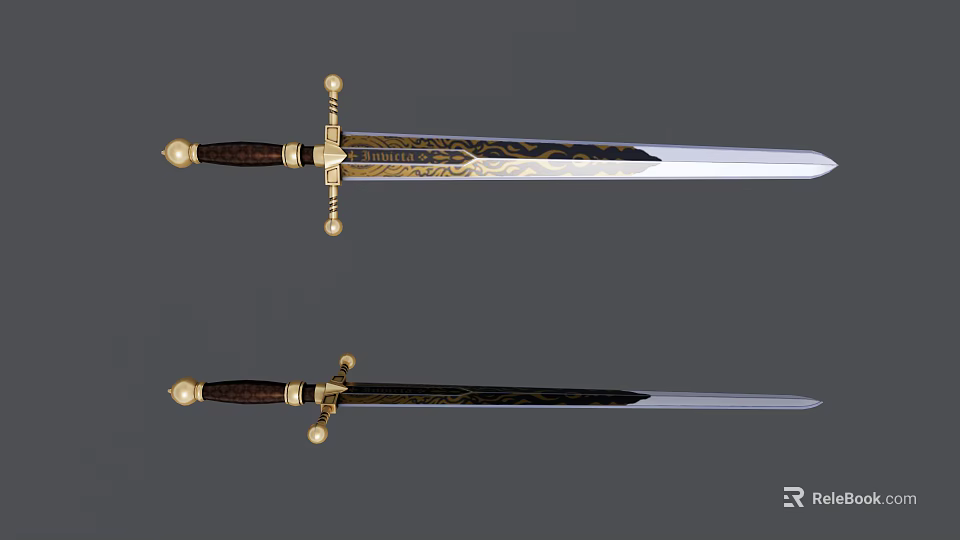 Ornate Decorative Sword with Intricate Gold Engravings Wooden Hilt and Shiny Silver Blade 3d model 