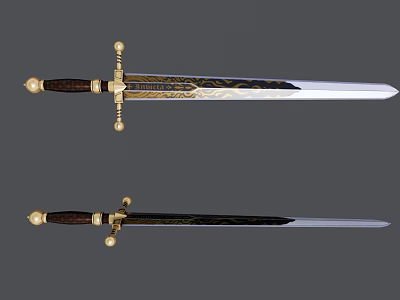 Ornate Decorative Sword with Intricate Gold Engravings Wooden Hilt and Shiny Silver Blade 3d model