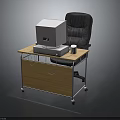 Wooden Desk With Old Fashioned Computer Monitor Black Leather Chair And Wheels With Lower Cabinet