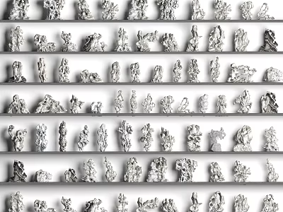 Various Stone And Wood Crafted Decorative Figurines Displayed On Multi Layered Shelves 3d model