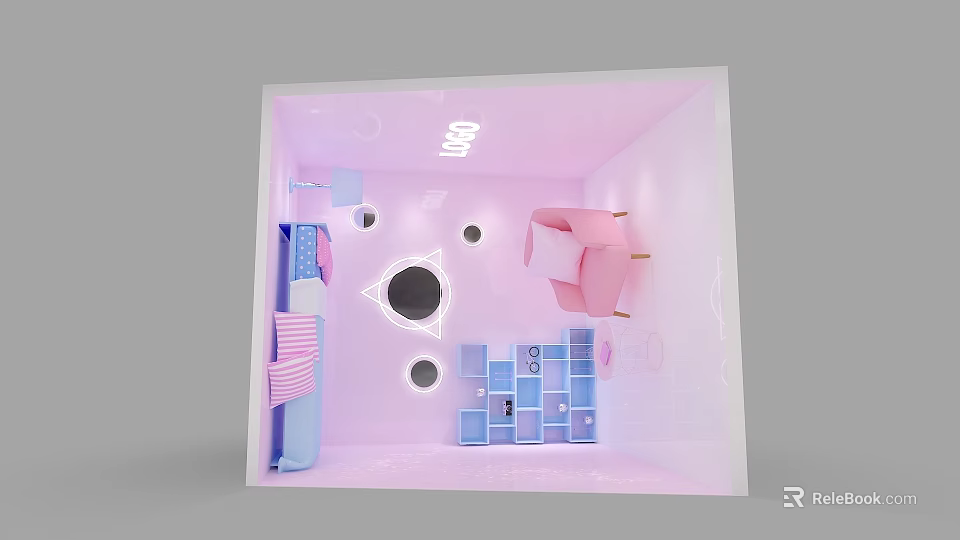 Pink And Blue Themed Photo Spot With Geometric Holes Chair And Bookshelf 3d model 