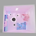 Pink And Blue Themed Photo Spot With Geometric Holes Chair And Bookshelf