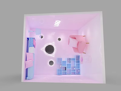 Pink And Blue Themed Photo Spot With Geometric Holes Chair And Bookshelf 3d model
