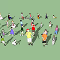 People Engaged in Various Activities and Poses on Green Background 3d model