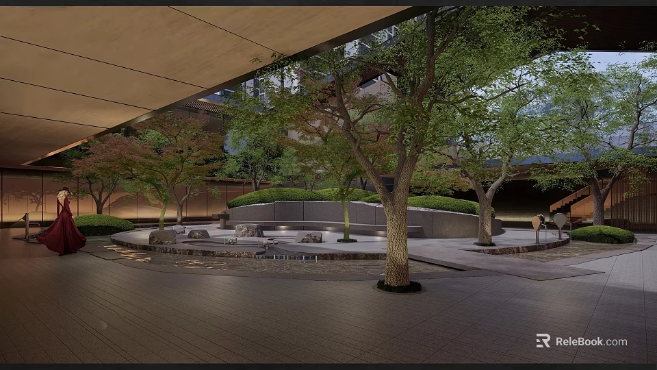 Tranquil Garden Landscape Design With Lush Trees Stone Pathways And Water Features 3d model 