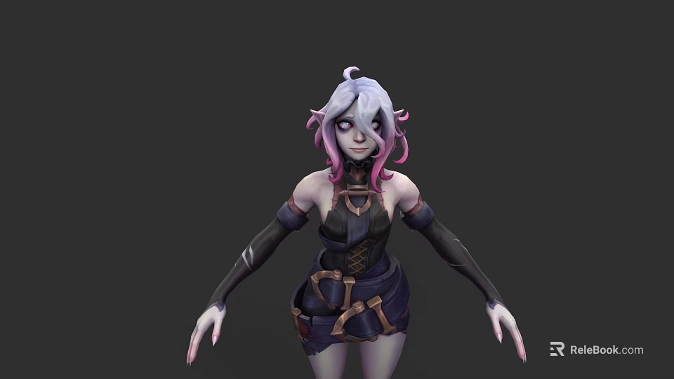 Game and Movie Character With White Pink Hair Black Gloves Brown Belt Black Blue Outfit 3d model 