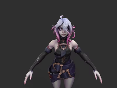 Game and Movie Character With White Pink Hair Black Gloves Brown Belt Black Blue Outfit 3d model