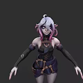 Game and Movie Character With White Pink Hair Black Gloves Brown Belt Black Blue Outfit