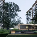 Elegant Modern Commercial Street with High Rise Buildings Glass Pavilion Trees Pond and Leisure Area