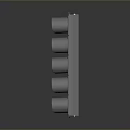 Five Black Traffic Lights Arranged in Row With Circular Lamp Holes and Gray Reflective Background