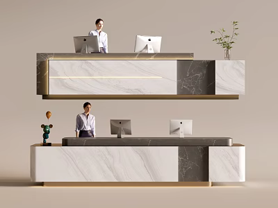 Elegant Reception Desk With Marble Surface And Receptionists Using Computers With Green Plant Decor 3d model