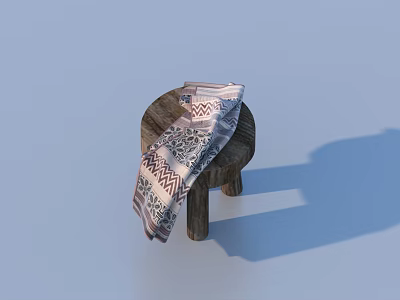 Wooden Stool With Draped Geometric Patterned Blanket On Light Blue Background 3d model