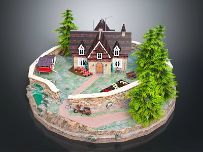 Cute Cartoon Scene With Small House Green Trees Garden Path And Decorations 3d model