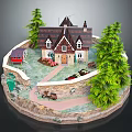 Cute Cartoon Scene With Small House Green Trees Garden Path And Decorations