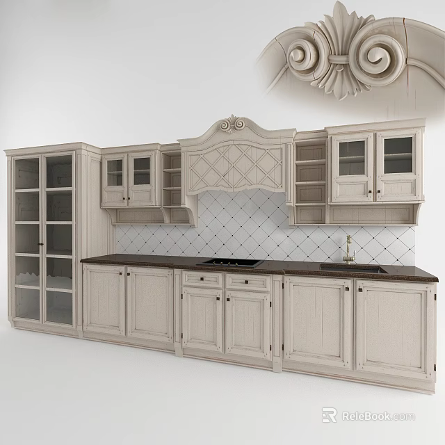Classic Light Colored Kitchen Cabinets With Carved Details And Glass Doors 3d model 