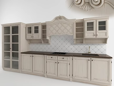 Classic Light Colored Kitchen Cabinets With Carved Details And Glass Doors 3d model